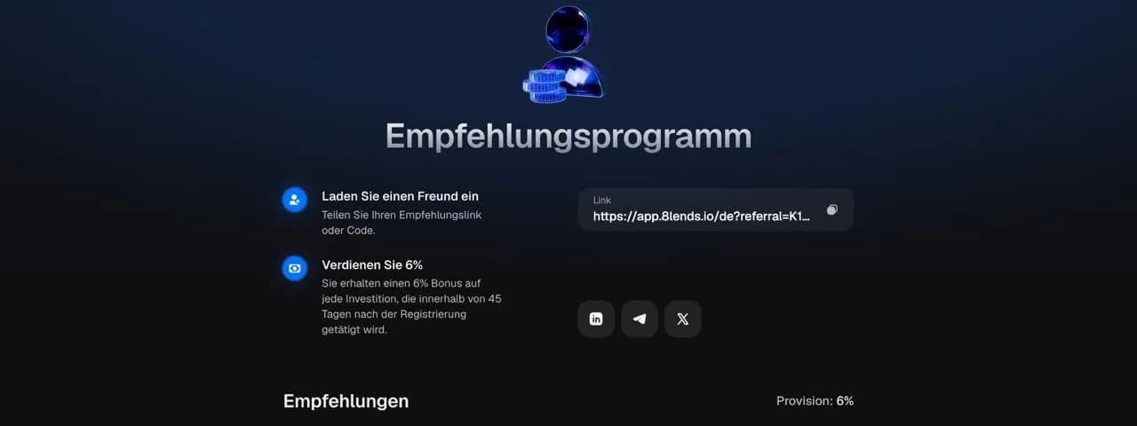 8lends Empfehlungsprogramm mit 6 Prozent Bonus auf Investitionen von geworbenen Freunden innerhalb von 45 Tagen