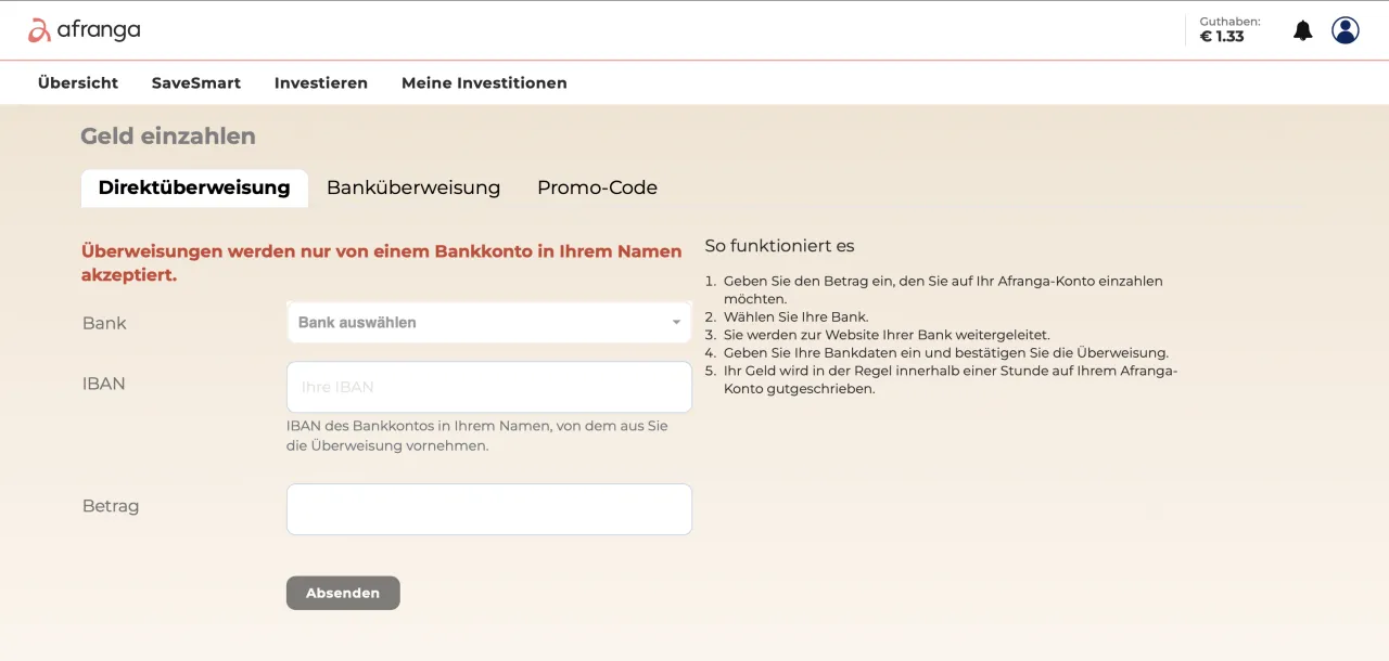 Afranga Einzahlungsseite mit Direktüberweisung und Promo-Code-Tab