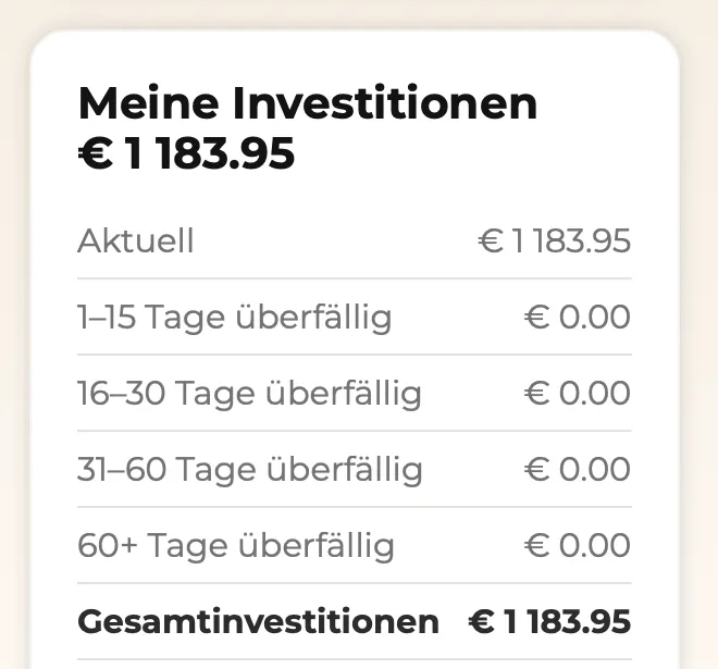 Afranga Portfolio-Übersicht unseres Test-Depots: 0 Euro überfällig in allen Überfälligkeits-Kategorien