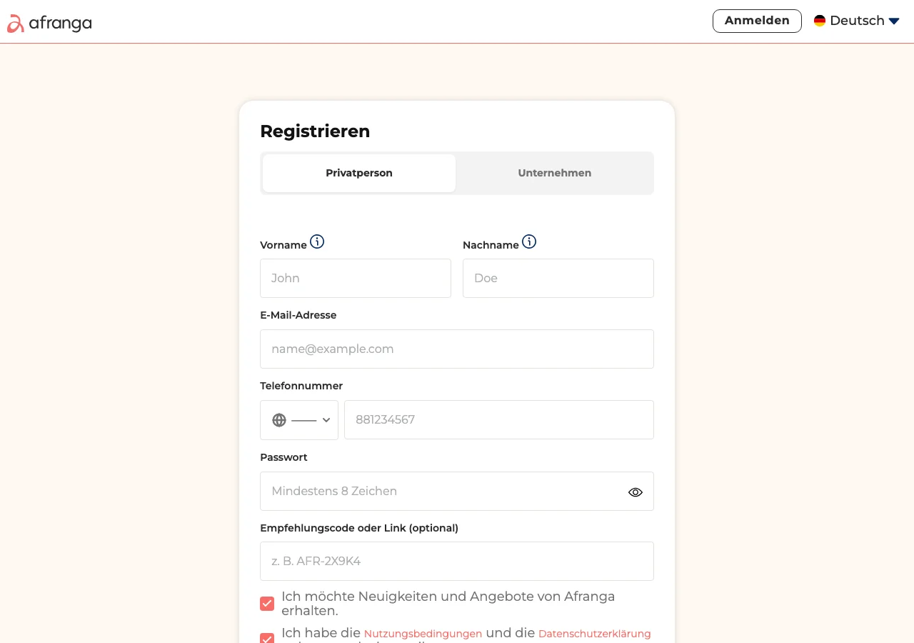 Afranga Registrierungsformular mit Feld für Empfehlungscode oder Link