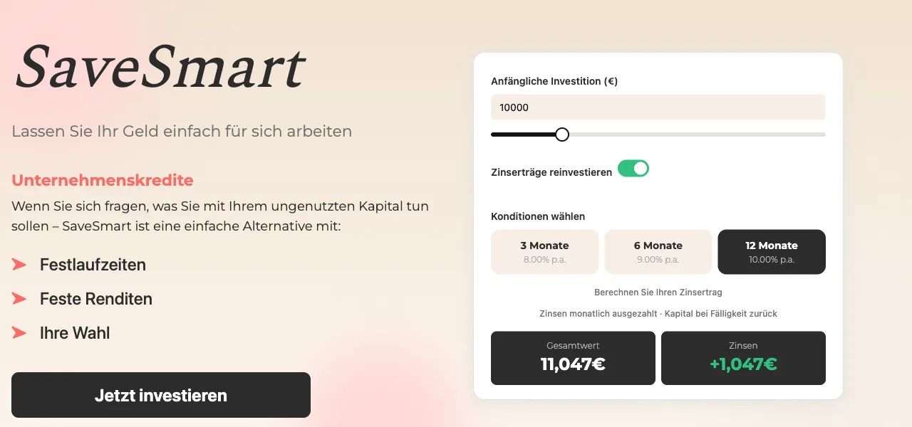 Öffentlicher Afranga SaveSmart-Rechner mit Beispielrechnung für 10.000 € Anlage