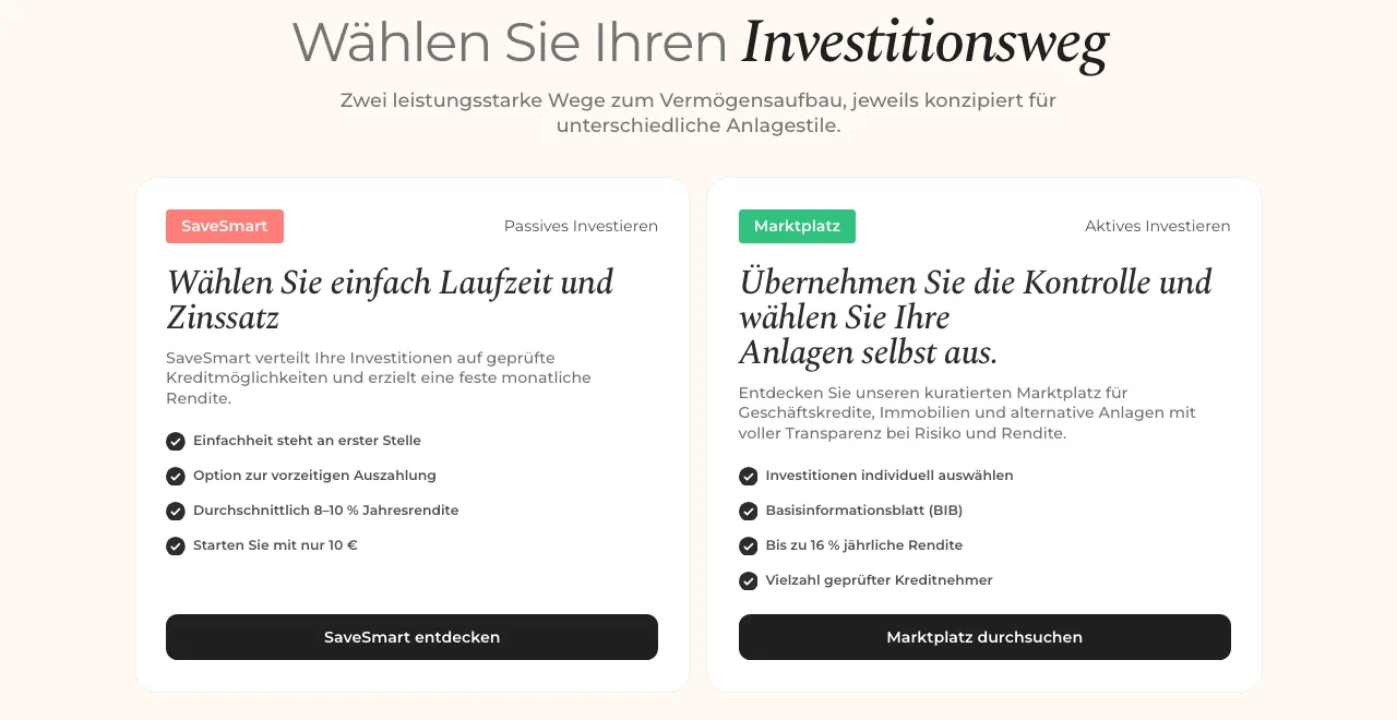 Afranga Startseite nach dem Redesign von August 2026: Zwei-Produkt-Struktur mit SaveSmart und Marktplatz