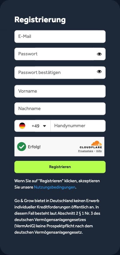 Bondora Registrierungsformular mit E-Mail, Passwort, Vor- und Nachname sowie Handynummer