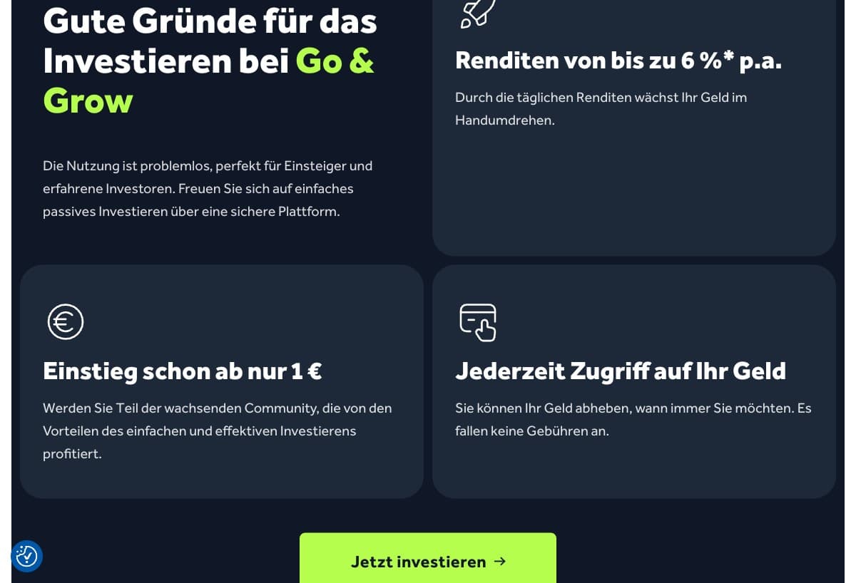 Vorteile von Bondora Go & Grow: Renditen bis 6 % p.a., Einstieg ab 1 €, jederzeit Zugriff