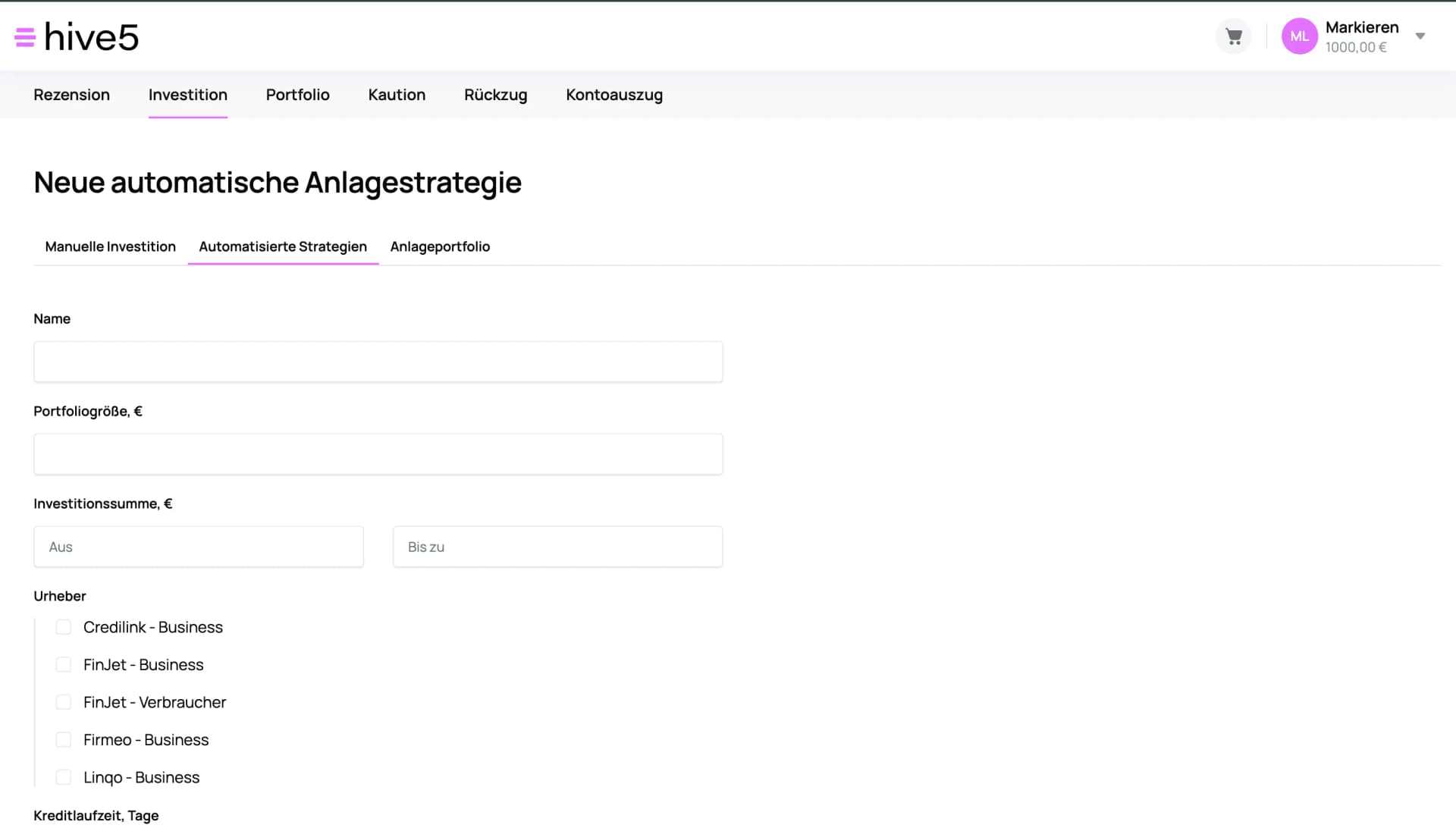 Hive5 Autoinvest einrichten: Neue automatische Anlagestrategie mit Originator-Auswahl (Screenshot aus unserem Konto)