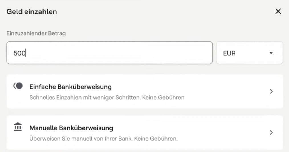 Mintos Anleitung Schritt 3: Geld einzahlen mit 500 EUR über einfache oder manuelle Banküberweisung — beide gebührenfrei