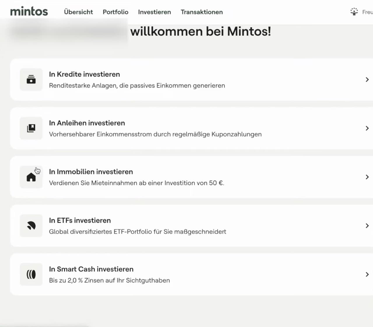 Mintos Anleitung Schritt 4: Investitionsmöglichkeiten im Dashboard — Kredite, Anleihen, Immobilien, ETFs und Smart Cash mit 2 Prozent Zinsen