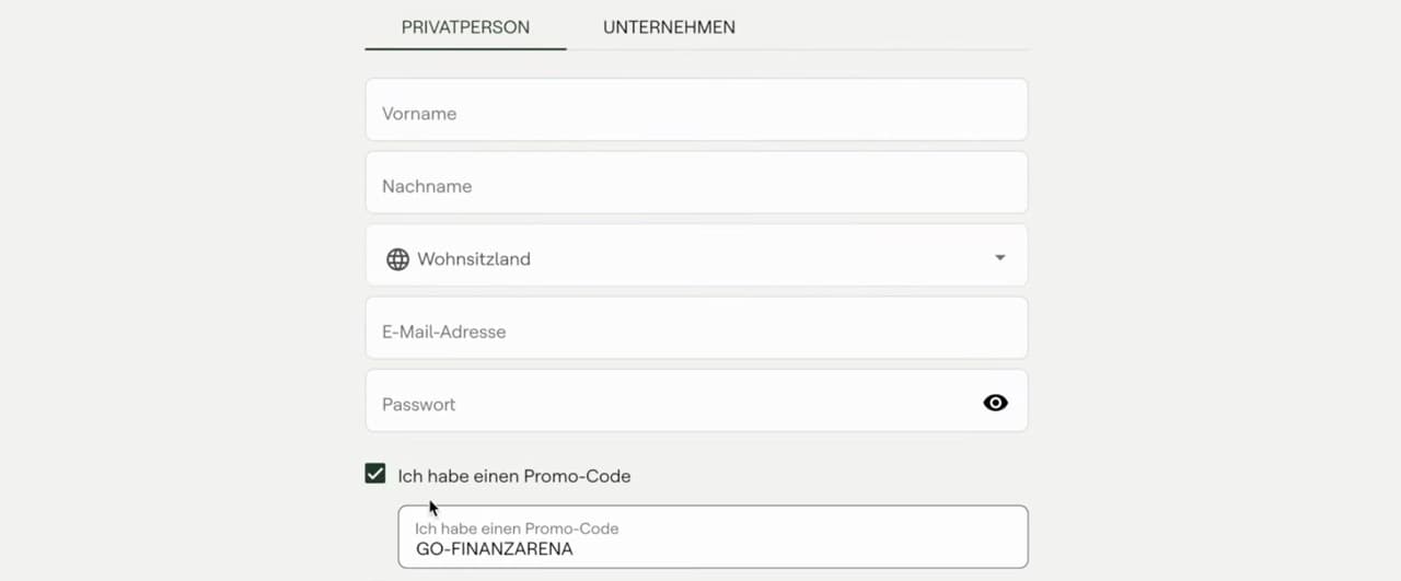Mintos Anleitung Schritt 1: Konto eröffnen mit Vorname, Nachname, Wohnsitzland, E-Mail, Passwort und Promo-Code GO-FINANZARENA
