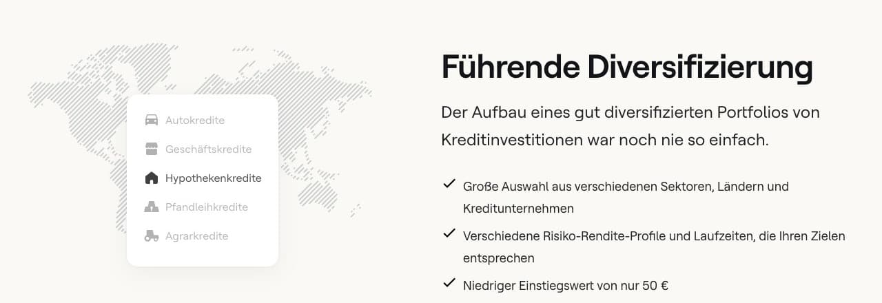 Mintos Diversifizierung ueber Autokredite, Geschaeftskredite, Hypothekenkredite, Pfandleihkredite und Agrarkredite