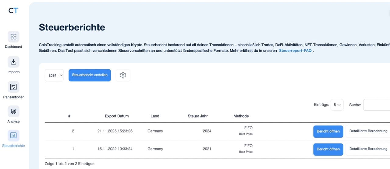 CoinTracking Steuerreport