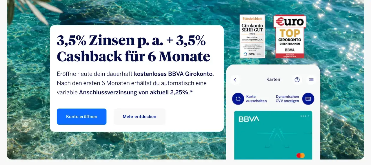 BBVA Girokonto Angebot: 3,5% Zinsen und 3,5% Cashback für 6 Monate