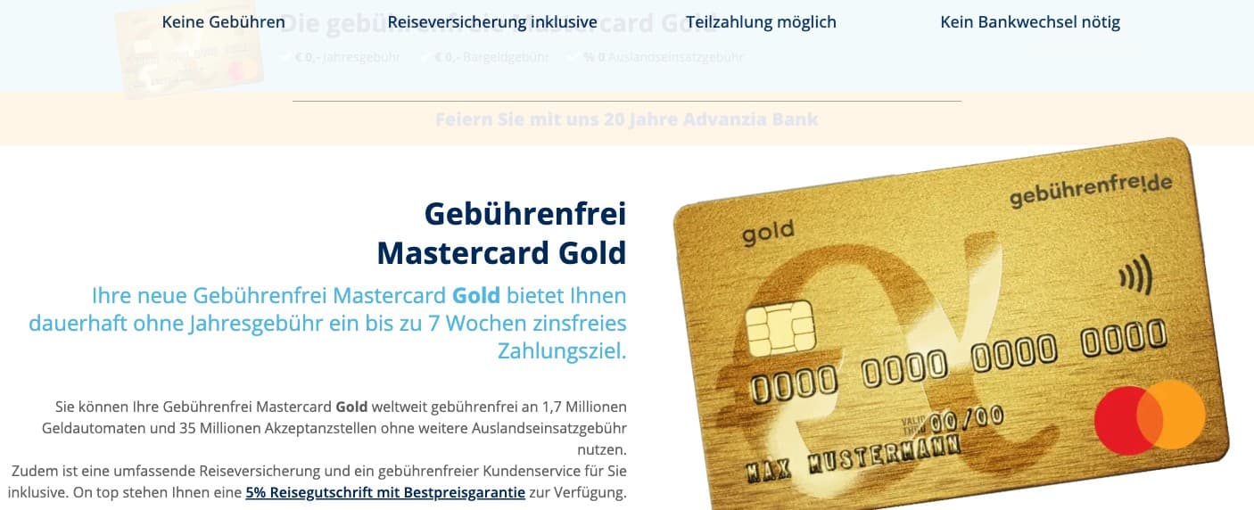 Advanzia Gebuehrenfrei Mastercard Gold mit inkludierten Reiseversicherungen