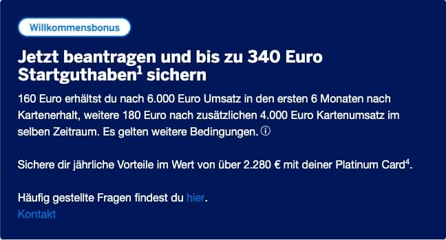 AMEX Platinum Willkommensbonus bis zu 340 Euro Startguthaben