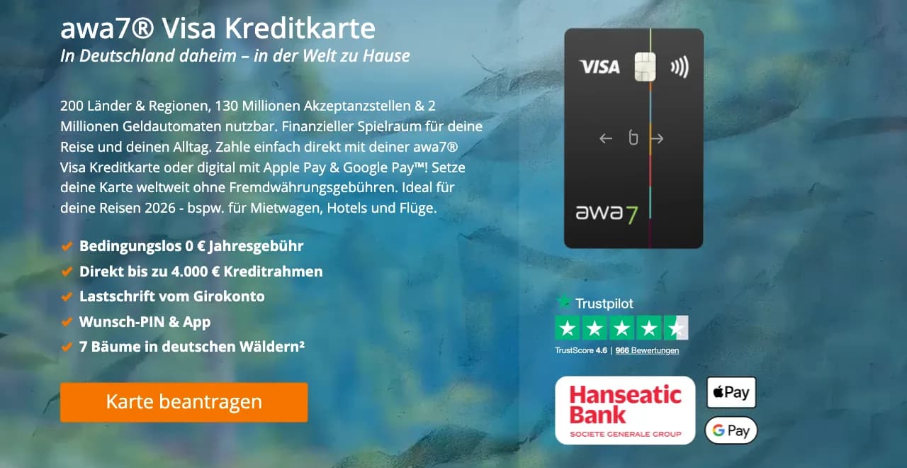 awa7 Kreditkarte Startseite mit Konditionen, Trustpilot-Bewertung und Hanseatic Bank Logo