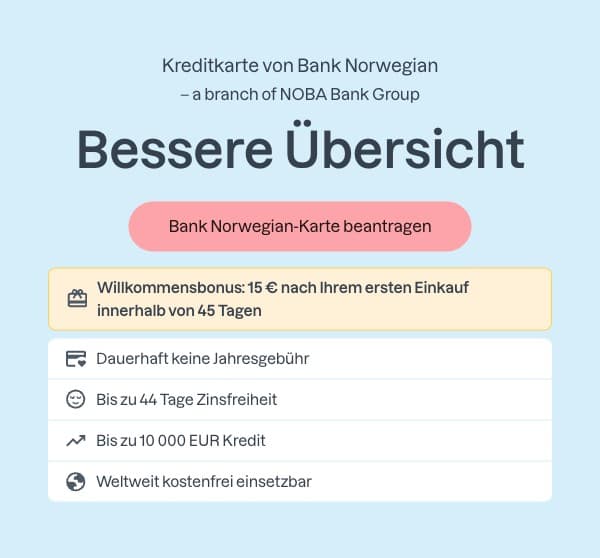 Bank Norwegian Visa Features im Überblick: Willkommensbonus, gebührenfreies Bezahlen weltweit, Reiseversicherungspaket und keine Jahresgebühr