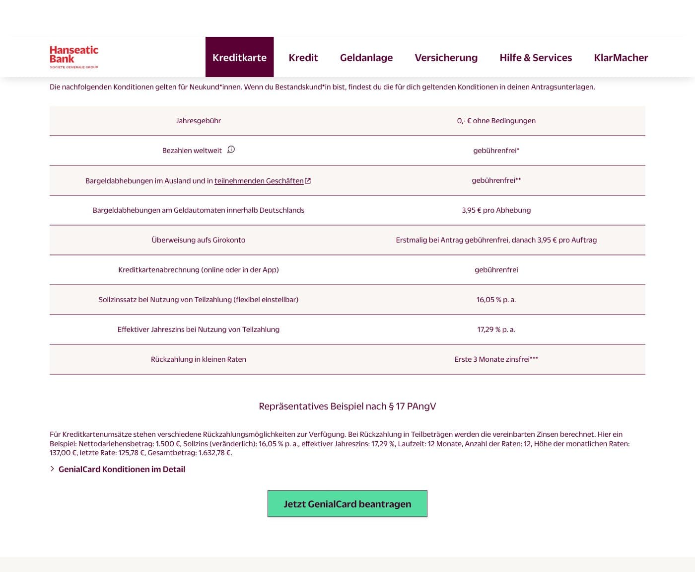 Hanseatic Bank GenialCard Konditionen und Gebühren Übersicht