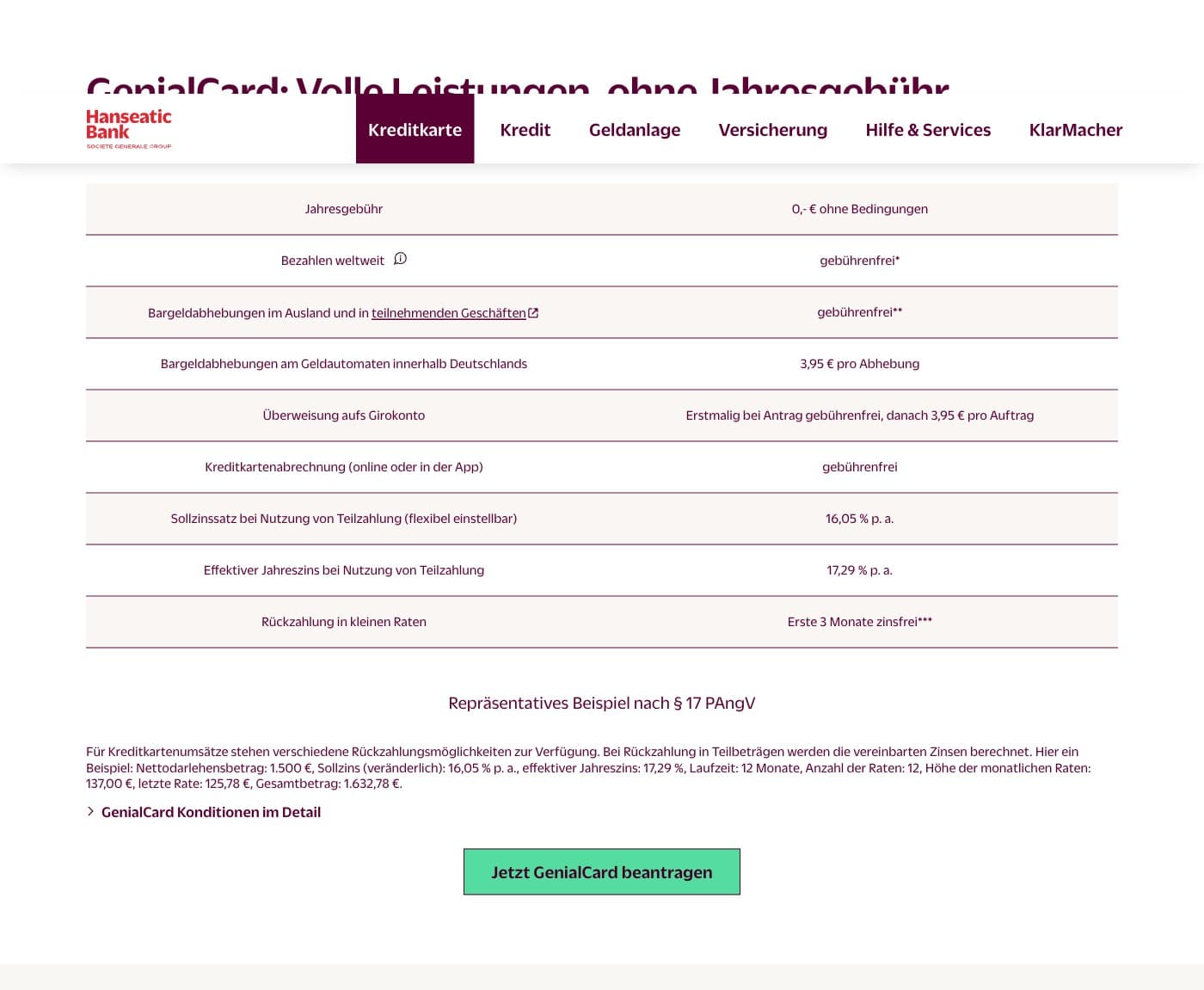 GenialCard Konditionen und Preise auf der Hanseatic Bank Website