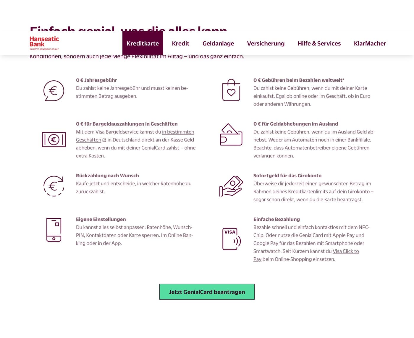 GenialCard Vorteile und Features Grid mit 8 Vorteilen auf der Hanseatic Bank Website