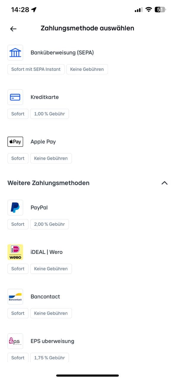 Bitvavo Einzahlungsmethoden, SEPA und Apple Pay kostenlos, PayPal und Sofort mit Gebühren