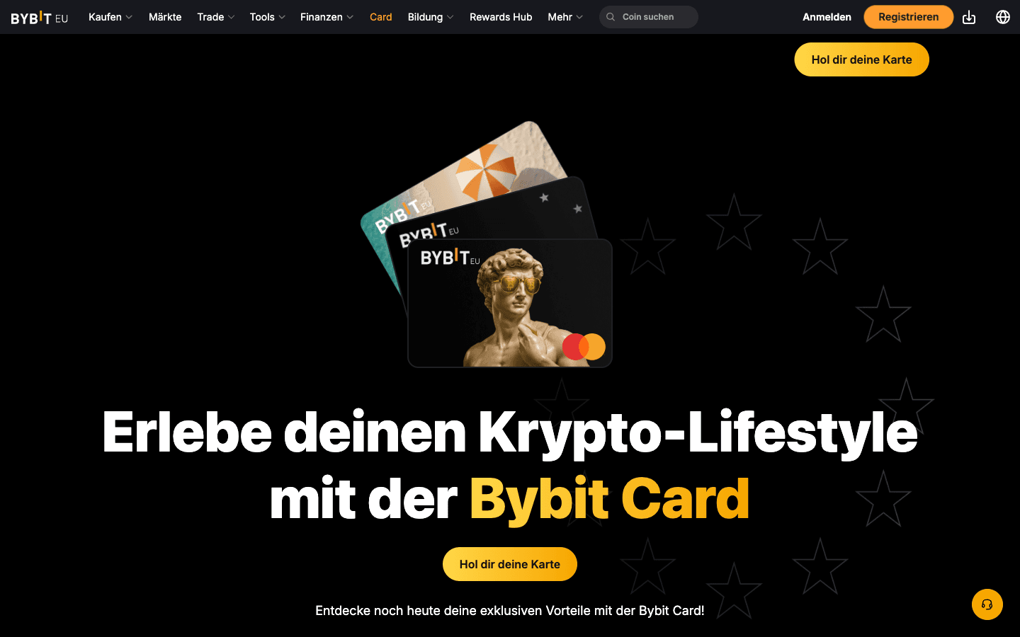 Bybit EU Card Übersicht mit Karten-Designs und Mastercard-Logo