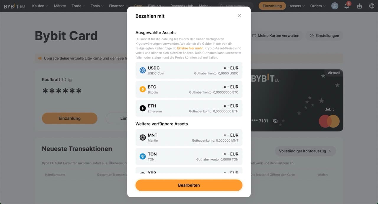 Bybit Card App-Ansicht mit Krypto-Zahlungspriorität und Balance in EUR
