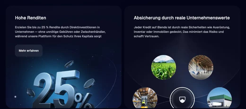 8lends Startseite mit bis zu 25 Prozent Rendite und dem Hinweis auf Absicherung durch reale Unternehmenswerte