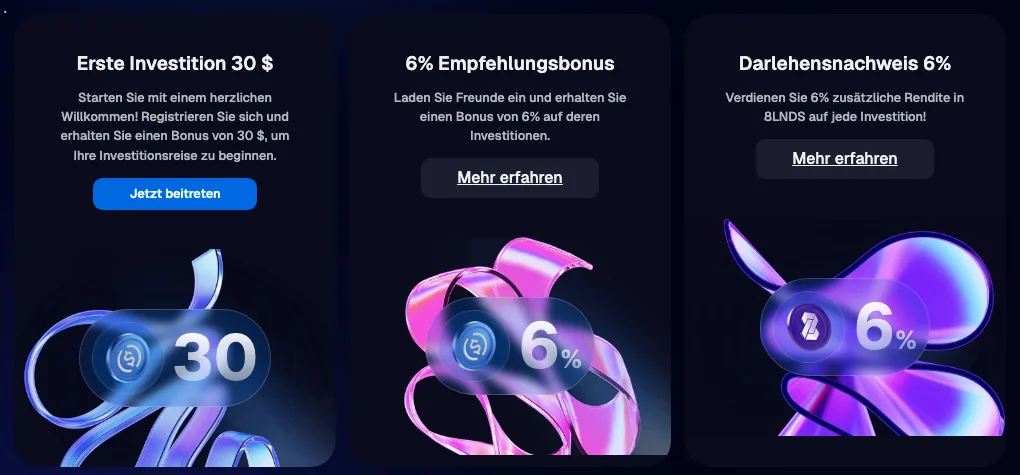 8lends Boni-Übersicht: 30 US-Dollar für die erste Investition, 6 Prozent Empfehlungsbonus und 6 Prozent Darlehensnachweis im 8LNDS-Token