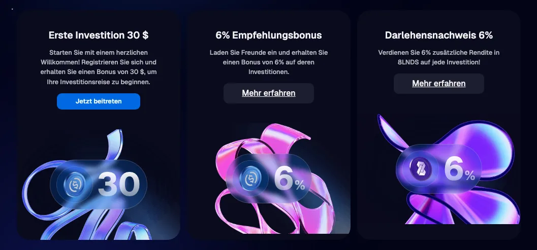8lends Bonus-Uebersicht: 30 Dollar Erstinvestition, 6 Prozent Empfehlungsbonus, 6 Prozent Darlehensnachweis-Rewards