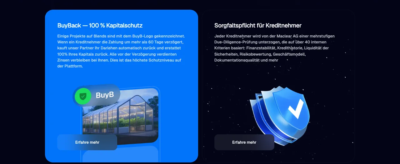 8lends Startseite auf Deutsch mit der Aussage BuyBack 100 Prozent Kapitalschutz und der Due-Diligence-Prüfung durch den benannten Partner