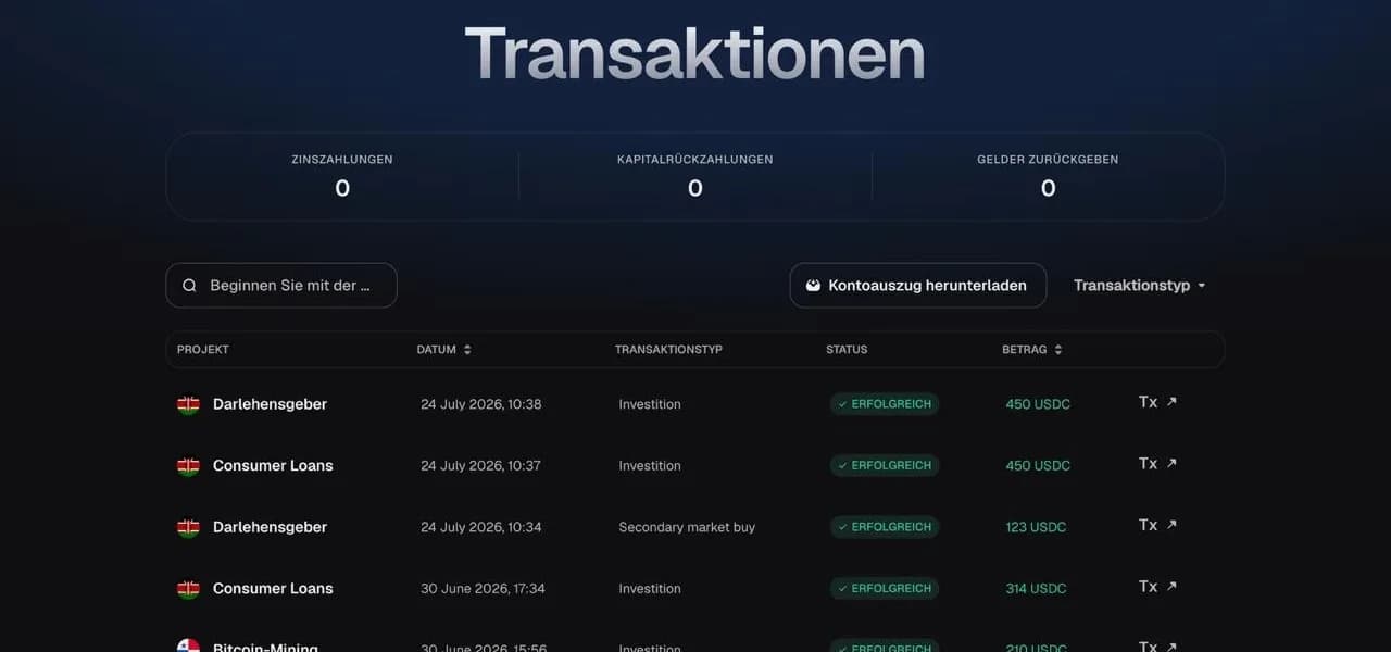 8lends Transaktionsübersicht mit einzelnen Investitionen und einem Secondary Market Buy, öffentlich nachvollziehbar über den Base-Explorer