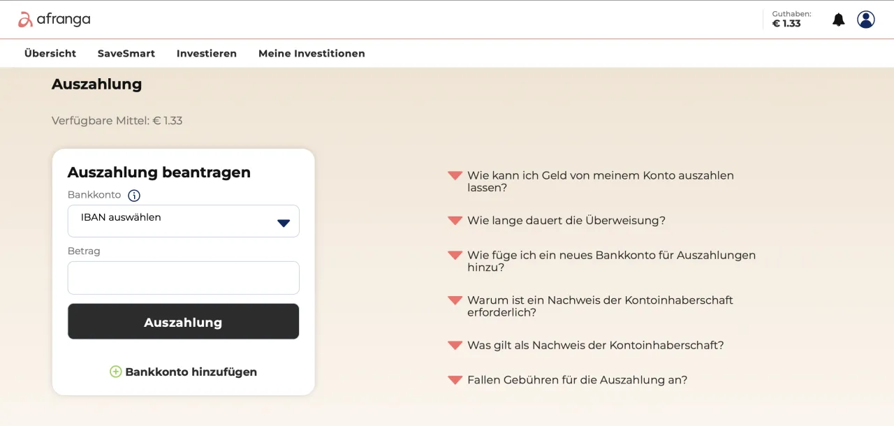 Afranga Auszahlung einrichten: IBAN auswählen und Betrag kostenlos auf das eigene Bankkonto überweisen