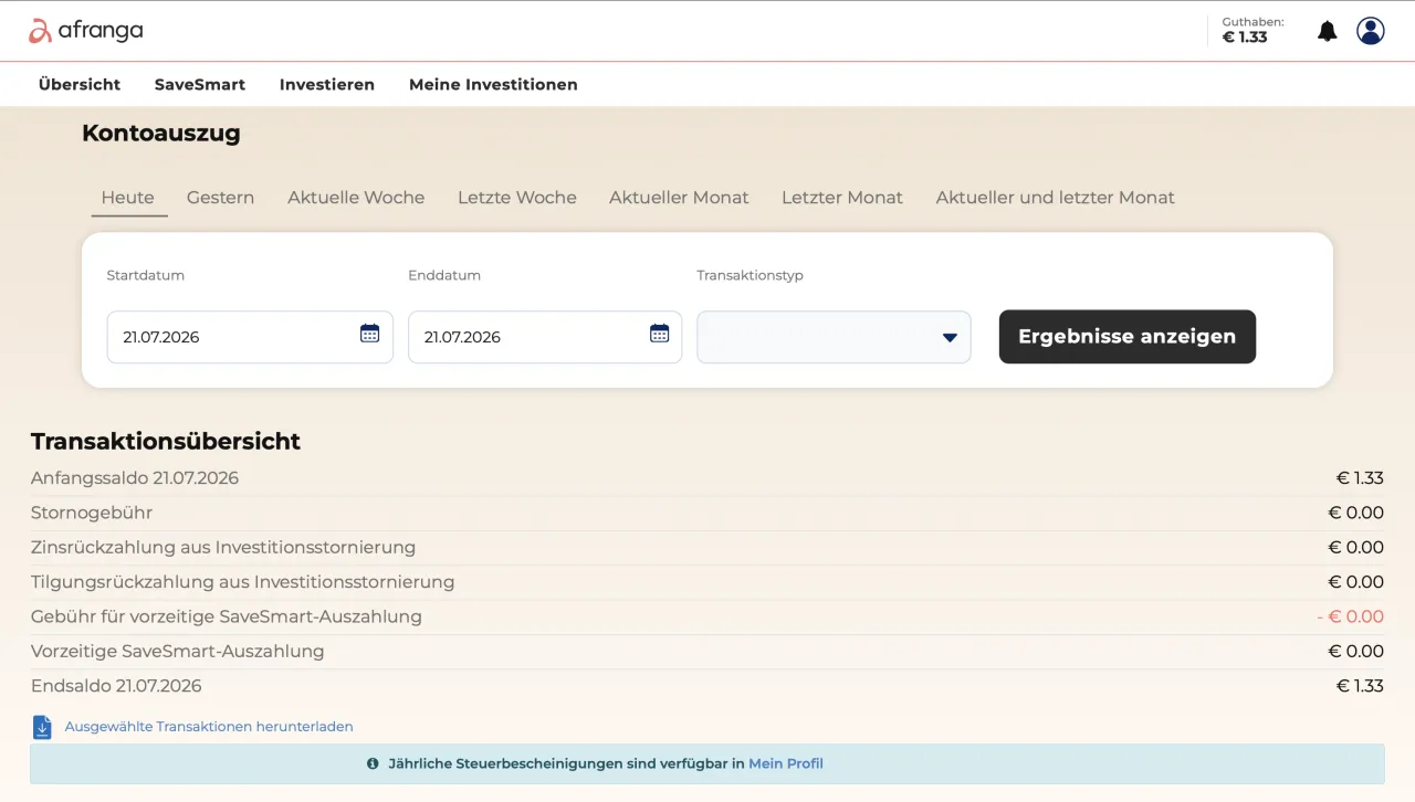 Afranga Kontoauszug mit Hinweis auf die jährliche Steuerbescheinigung im Profil