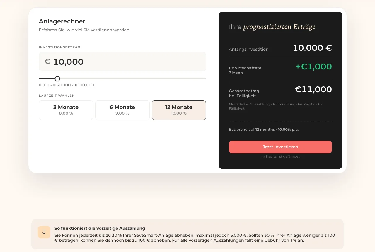 Afranga SaveSmart Rechner mit 8, 9 und 10 Prozent Festzins sowie die neue Liquidity-Funktion für vorzeitige Teilauszahlung