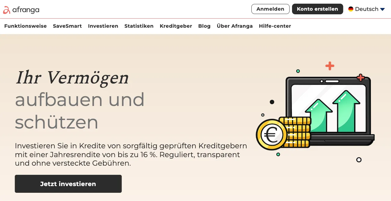 Afranga Startseite mit dem Versprechen von bis zu 16 Prozent Zinsen auf Unternehmenskredite