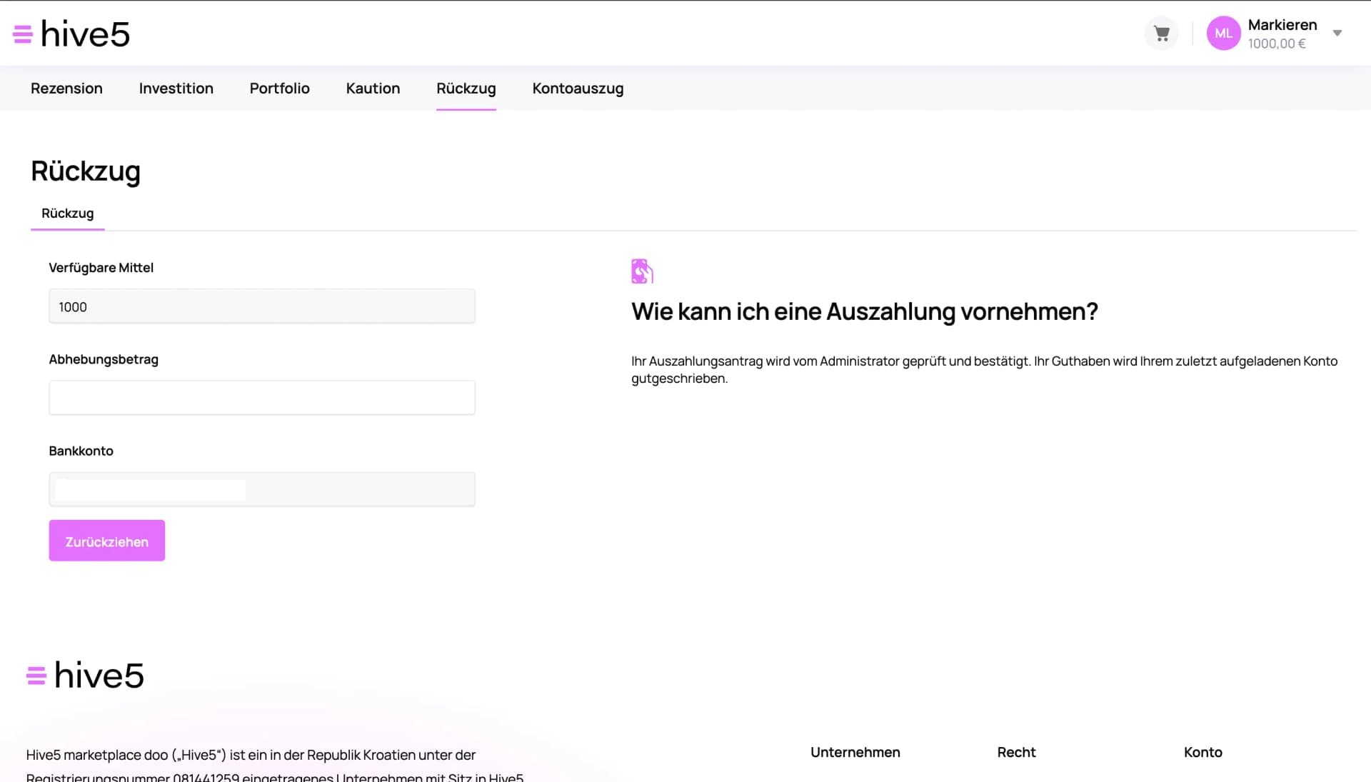 Hive5 Auszahlung: Rückzug auf das verifizierte Bankkonto (App-Screenshot)