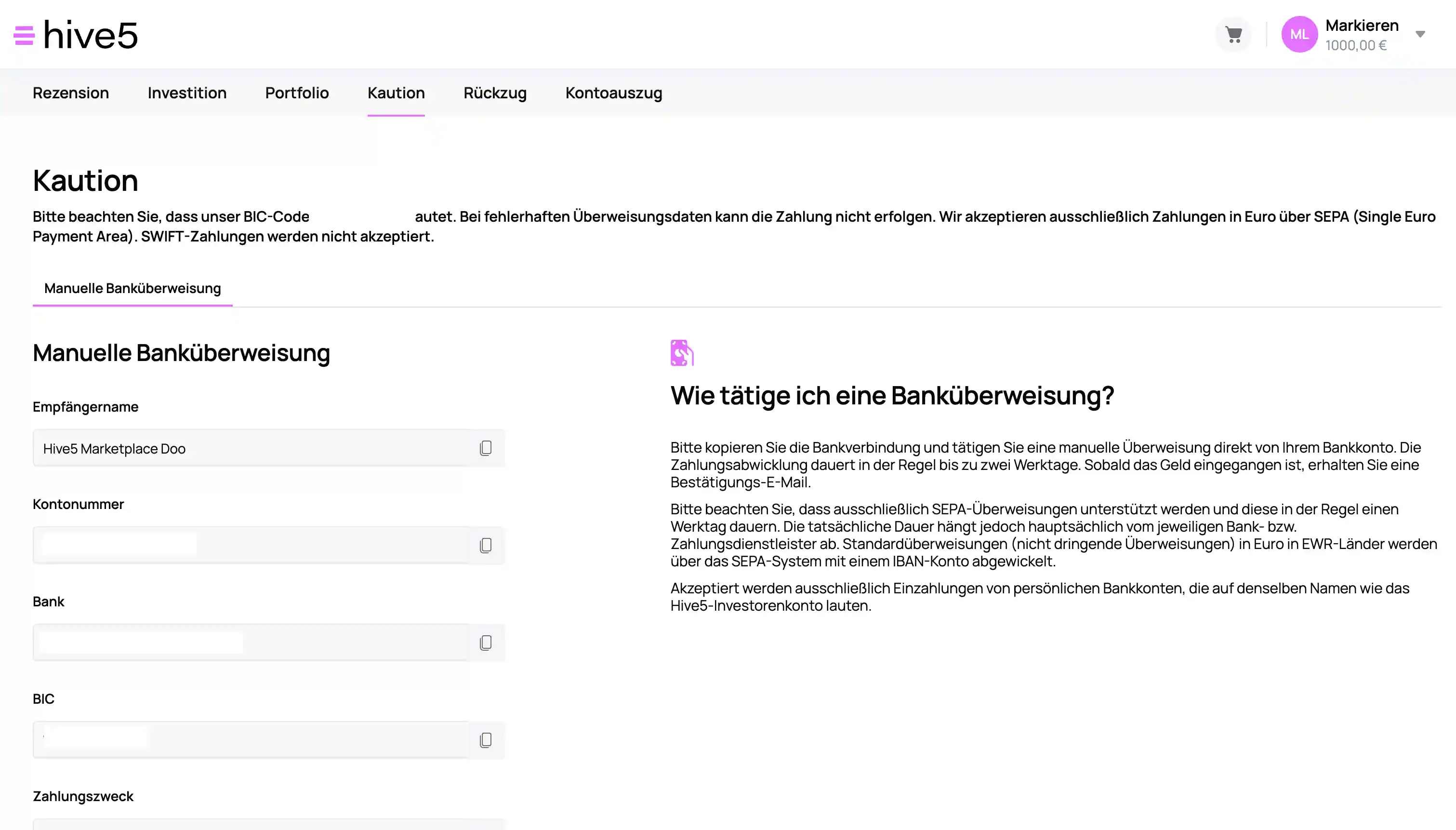 Hive5 Einzahlung: Kaution per SEPA-Überweisung (Screenshot aus unserem Konto)