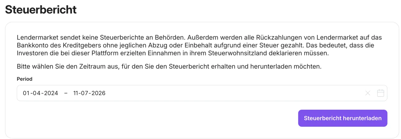 Lendermarket Steuerbericht als PDF-Download im Kundenbereich