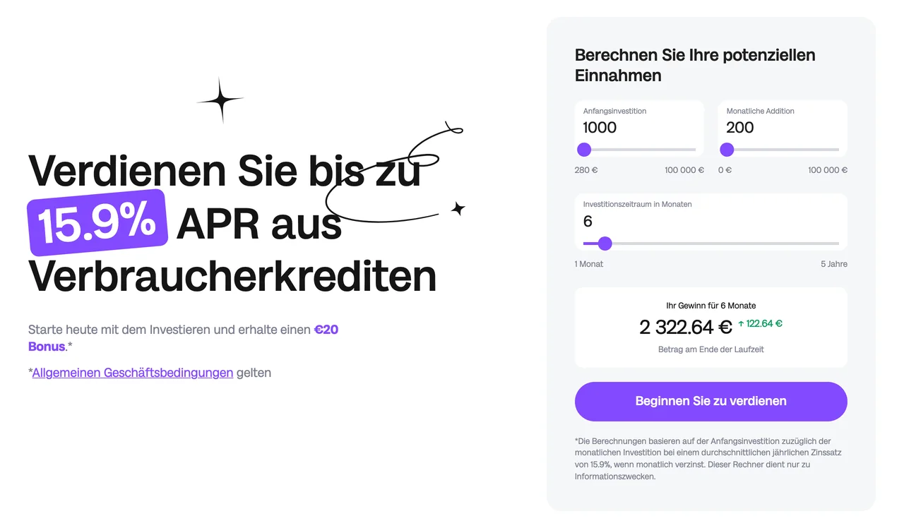 Loanch Startseite mit 15,9 Prozent APR, 20 Euro Bonus und dem Zinsrechner