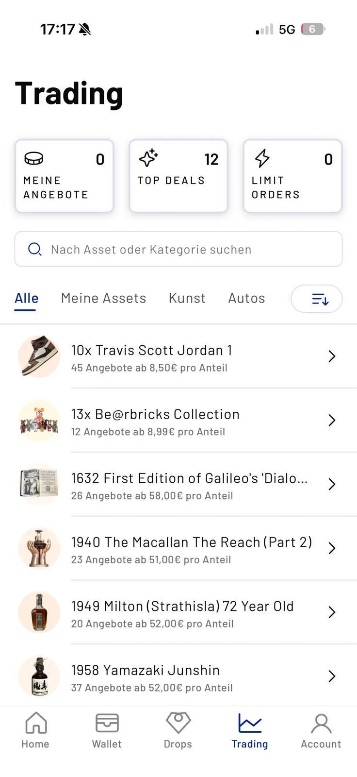 Timeless Trading-Tab mit Sekundärmarkt-Angeboten und Top Deals