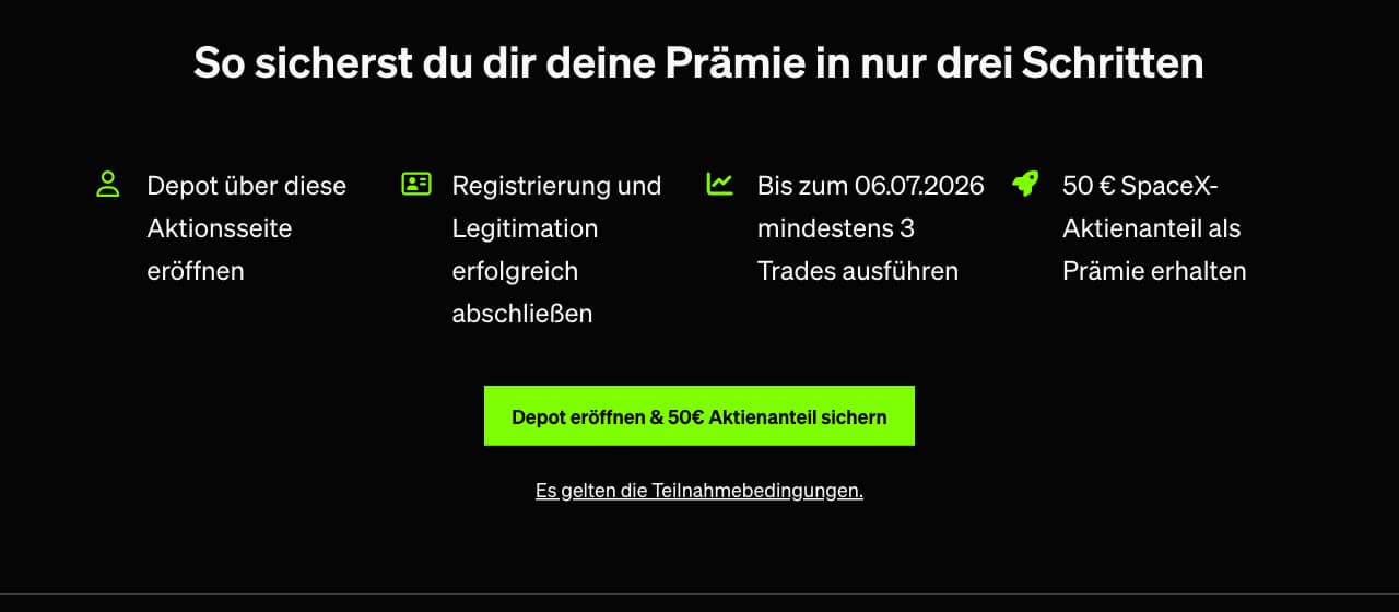 Smartbroker+ SpaceX-Aktion: Prämie in drei Schritten sichern (Screenshot der Aktionsseite)