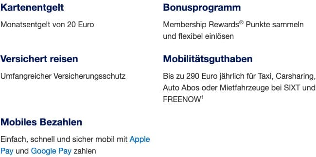 American Express Gold Card Features: Kartenentgelt, Membership Rewards, Versicherungen und Mobilitätsguthaben