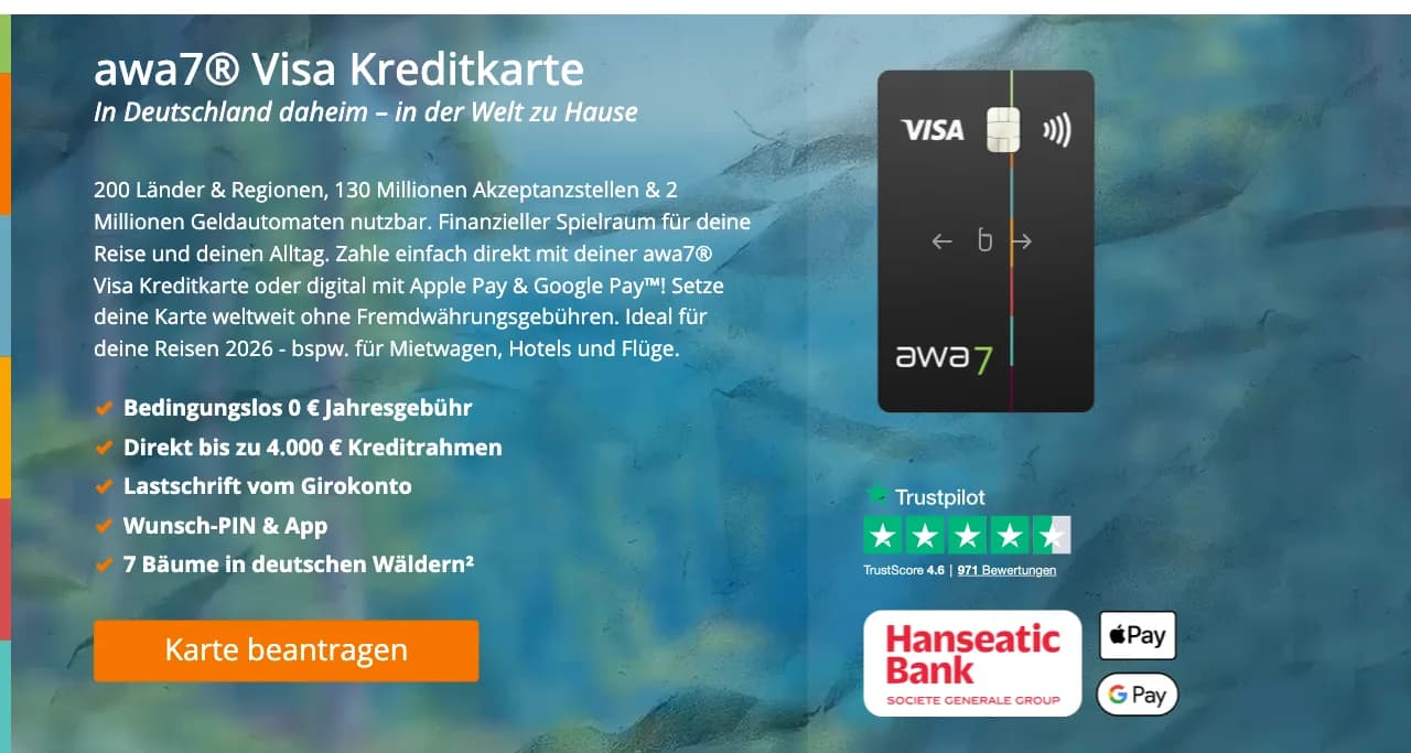 awa7 Visa Kreditkarte: Aktion 7 Bäume in deutschen Wäldern im Leistungsüberblick