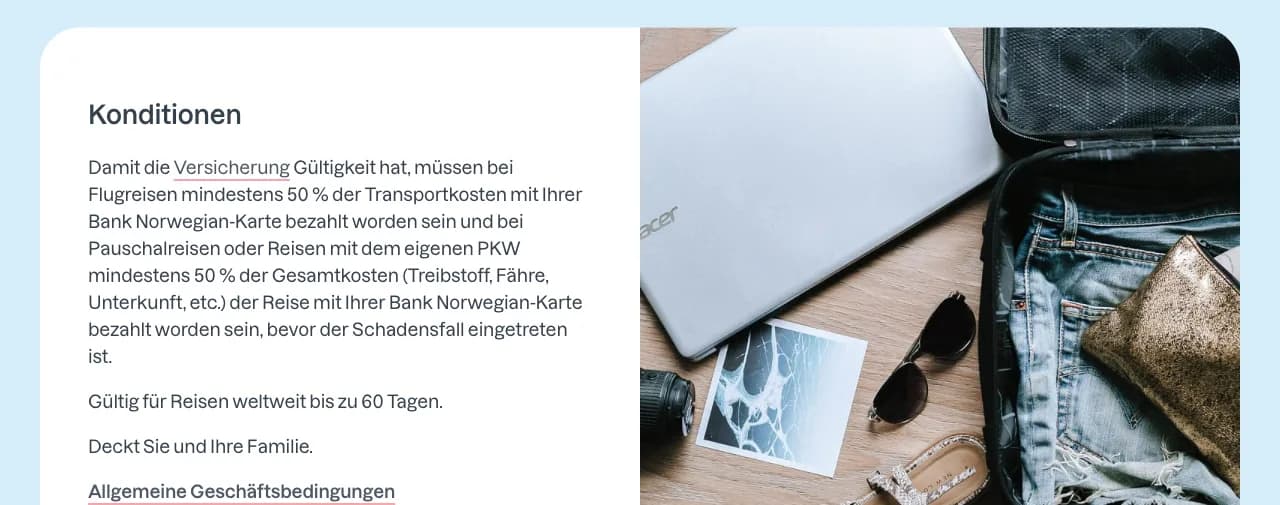 Bank Norwegian Konditionen-Seite: 50-Prozent-Bedingung und 60-Tage-Regel der Reiseversicherung
