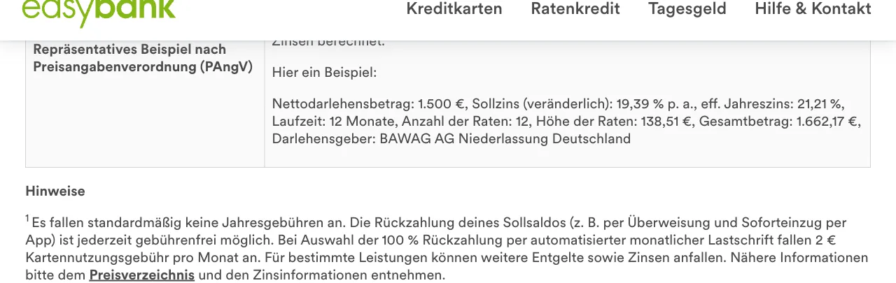 easybank Kreditkarte Konditionen: 2 Euro Kartennutzungsgebühr bei Vollzahlungs-Lastschrift
