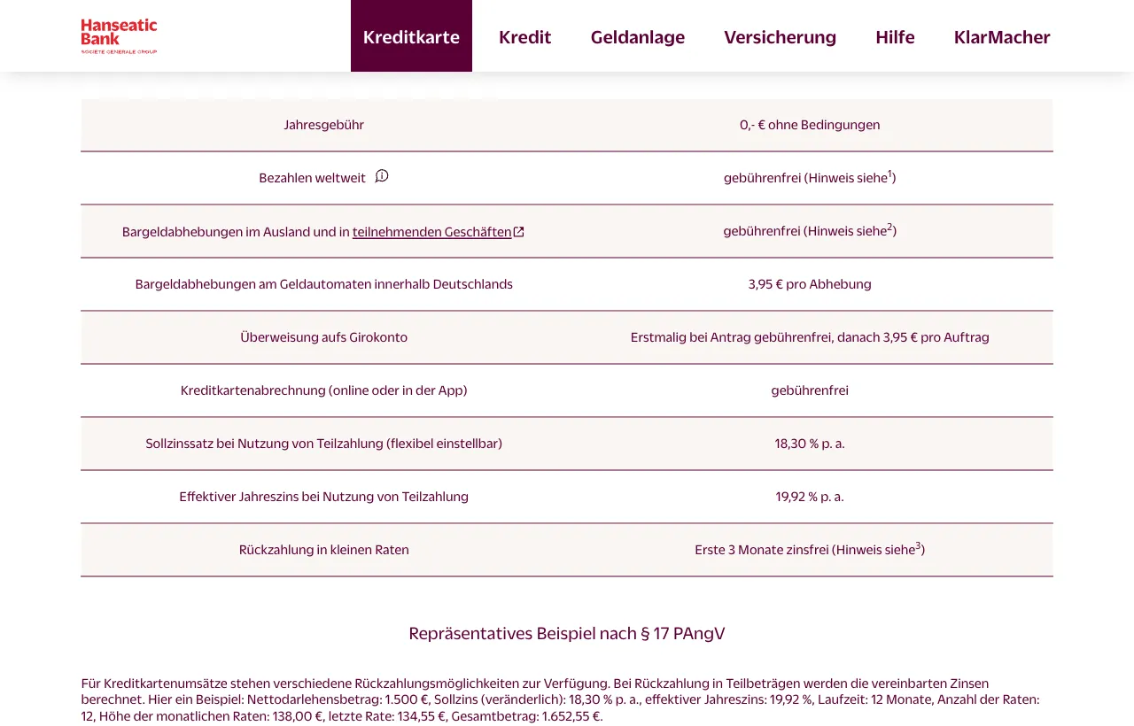 GenialCard Konditionen-Tabelle: Sollzins, effektiver Jahreszins und Gebühren