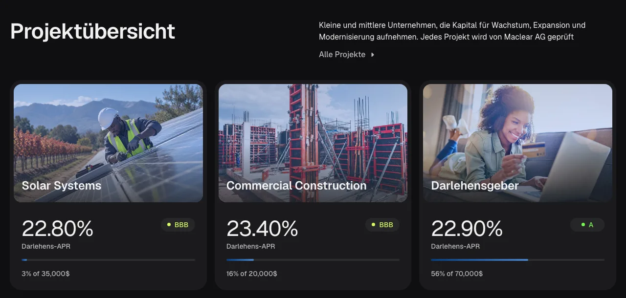 8lends Projektübersicht auf Deutsch mit drei Projektkarten, Darlehens-APR zwischen 22,80 und 23,40 Prozent, Rating und Finanzierungsstand