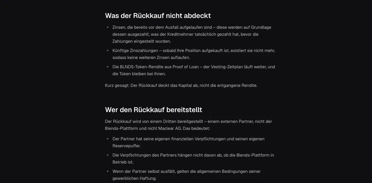 Help-Center-Seite von 8lends: was der Rückkauf nicht abdeckt und wer ihn bereitstellt