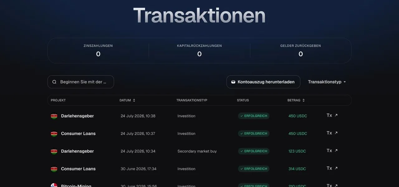 8lends Transaktionsübersicht mit einzelnen Investitionen und einem Secondary Market Buy, öffentlich nachvollziehbar über den Base-Explorer
