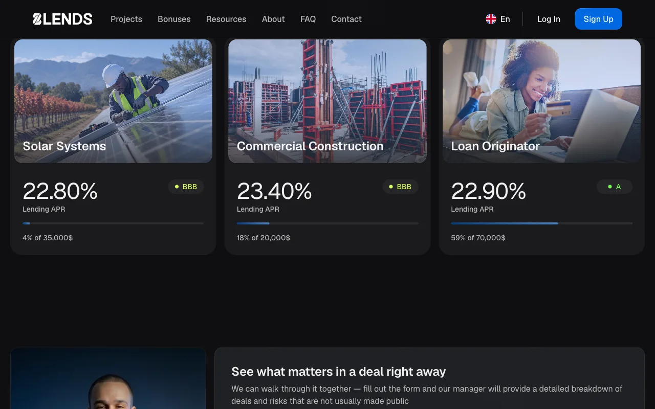 Projektübersicht auf 8lends.io mit Zinssatz, Risk Score und Finanzierungsstand je Projekt