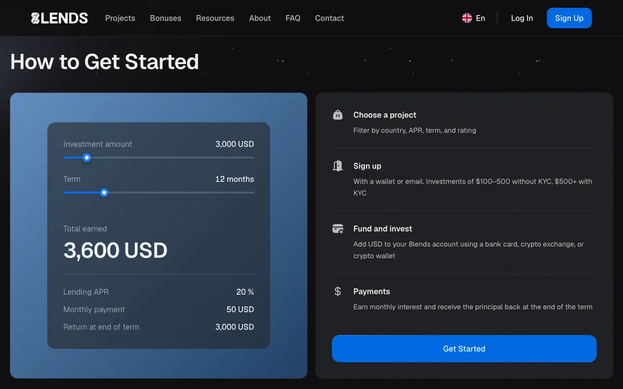 Abschnitt How to Get Started auf 8lends.io mit Renditerechner und den Schritten Projekt wählen, registrieren, einzahlen, Zinsen erhalten